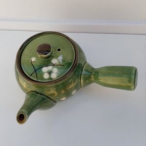 Miso Pottery Asian Japan Green with White Cherry Blossoms Side Spout Tea Pot